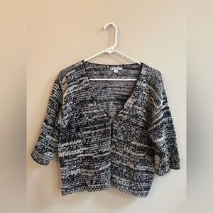 Boheme Woven Knit Black & White 3/4 Sleeve Button Front Cotton Cardigan Sweater